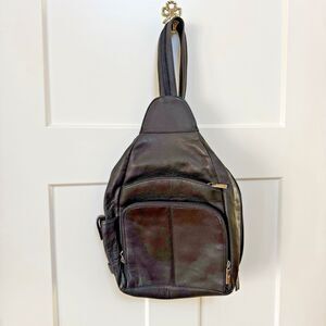 FRANKLIN COVEY Black‎ Leather Convertible Sling Backpack Purse Bag-MINT